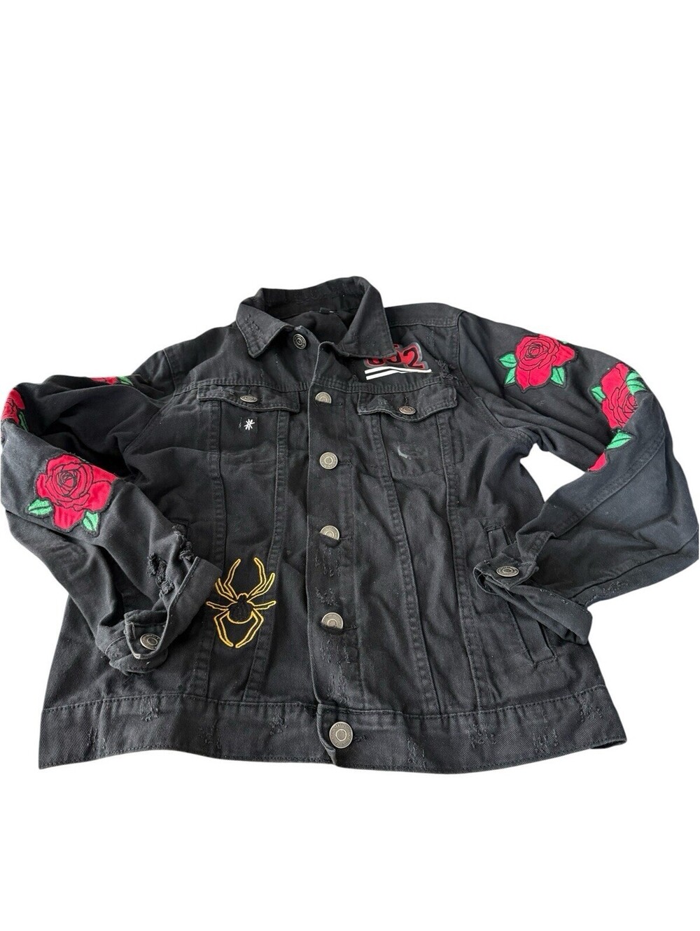 Rebel Star Black Denim Jacket Size M Patches Distressed